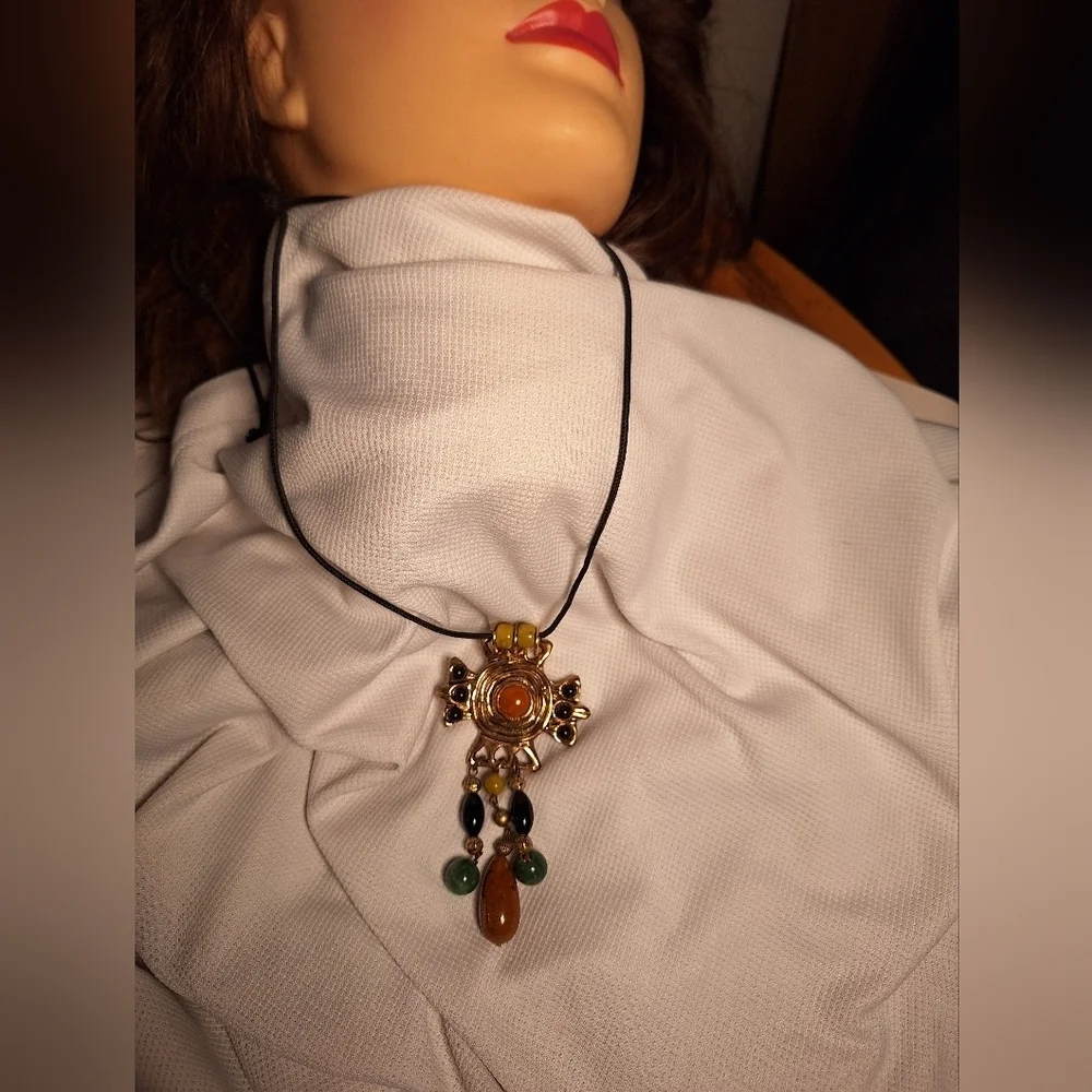Beaded Amulet Pendant Dangle Tassel Necklace Black Corded Bohemian Must Have
